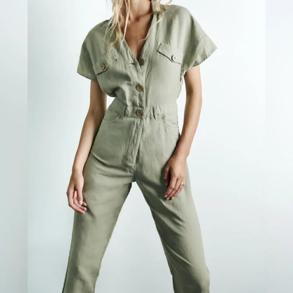Zara Linen Blend Jumpsuit Rustic New